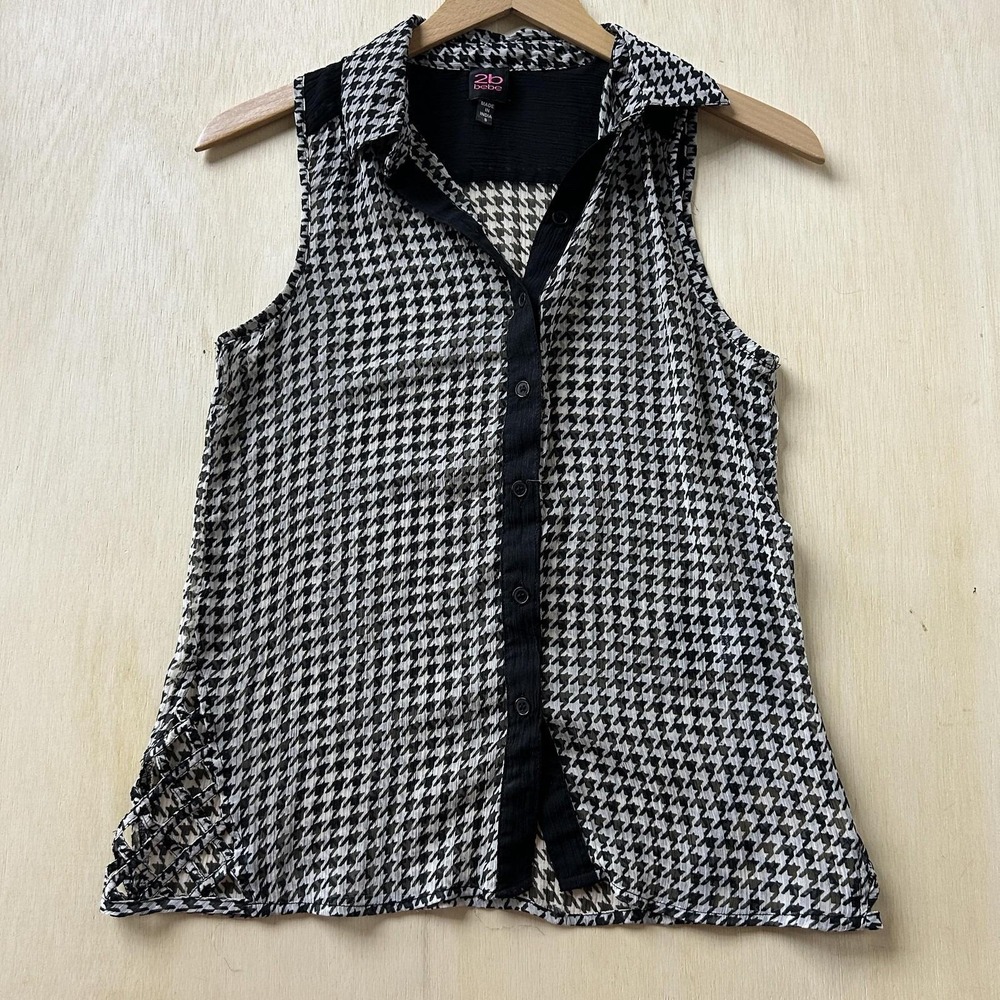 Y2K 2b Bebe Button Up Shirt Womens Small Black Houndstooth Sheer Sleeveless Top